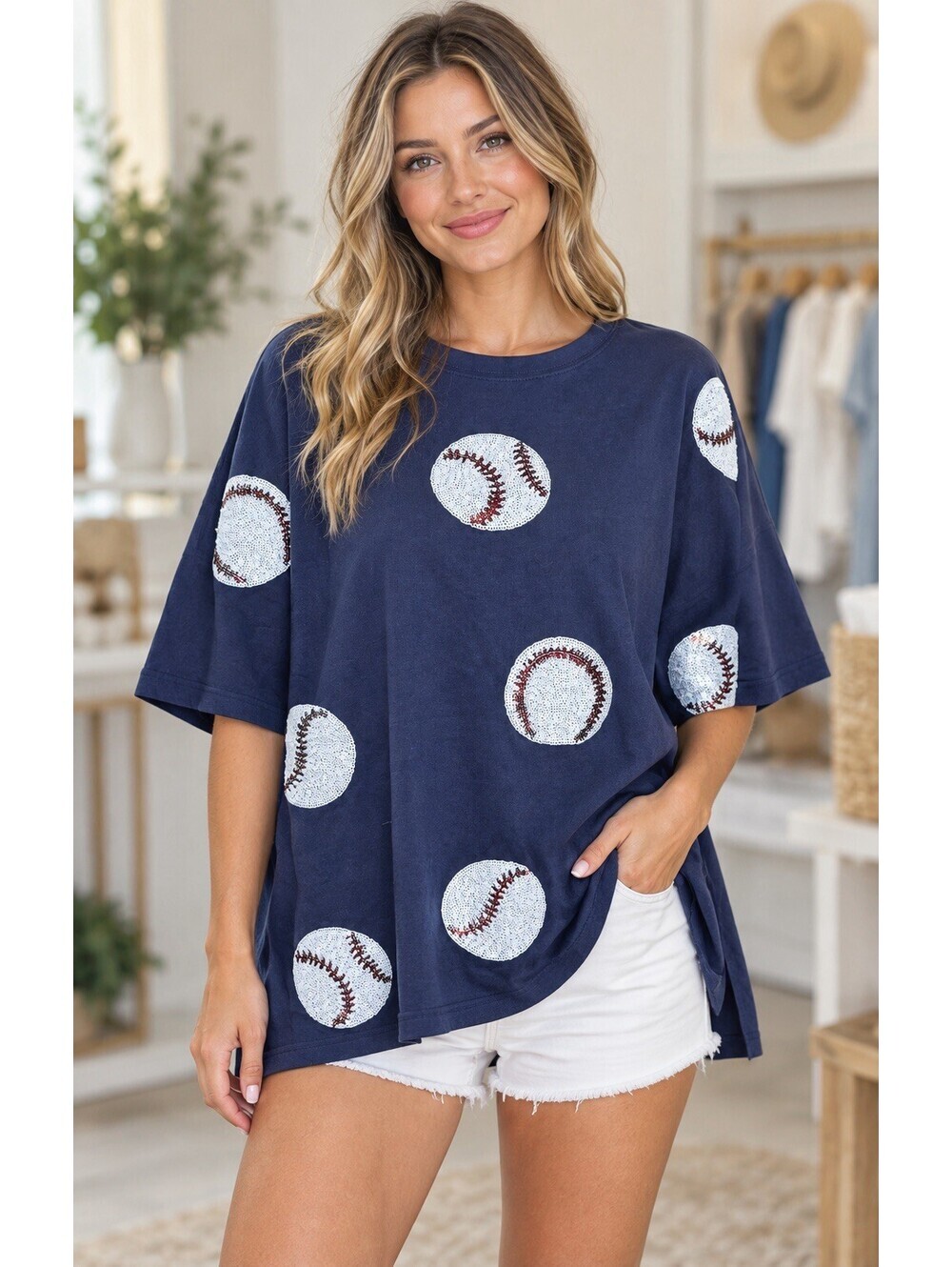 Fantastic Fawn Sequin Baseball Oversized Tee Navy Size Medium